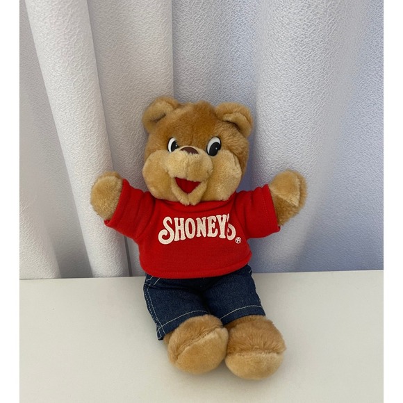 Shoneys Other - Shoneys Bear Plush Stuffed Animal Red Shirt Denim Overalls Vintage‎ Toy 1986